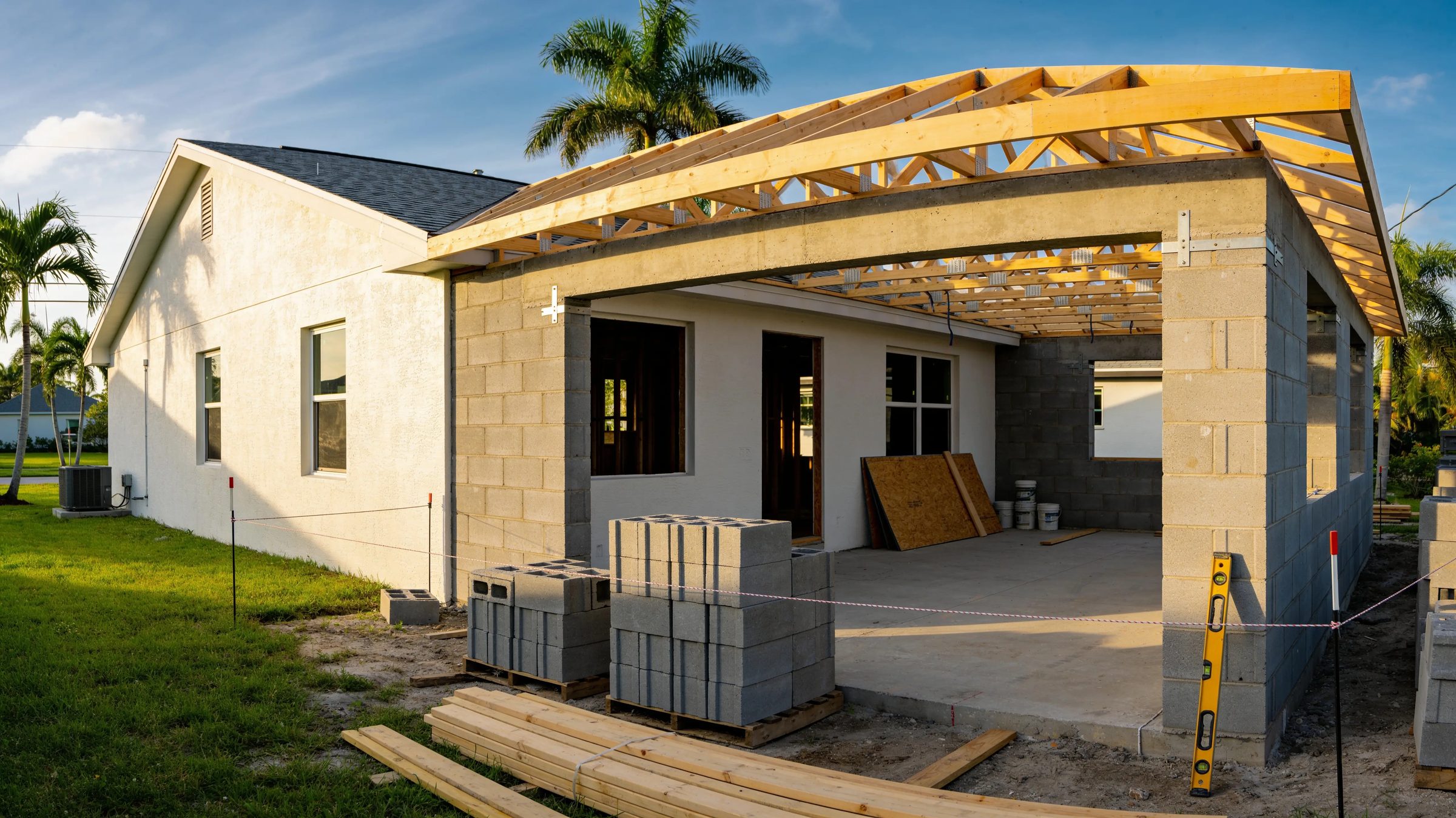 A concrete block addition with new roof trusses tied into the side of an existing stucco house
