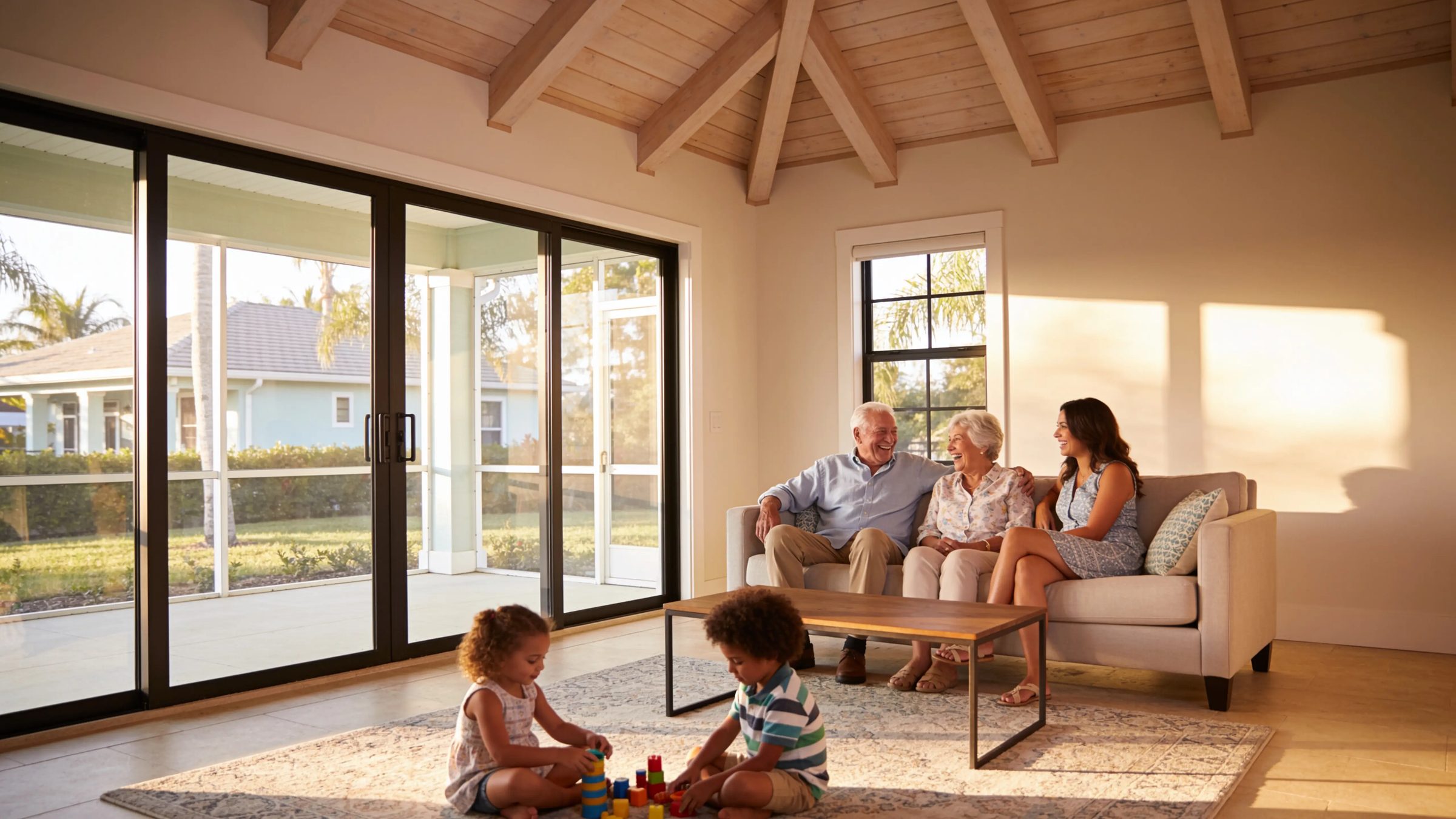 Grandparents, their daughter and two children relaxing in a new family room