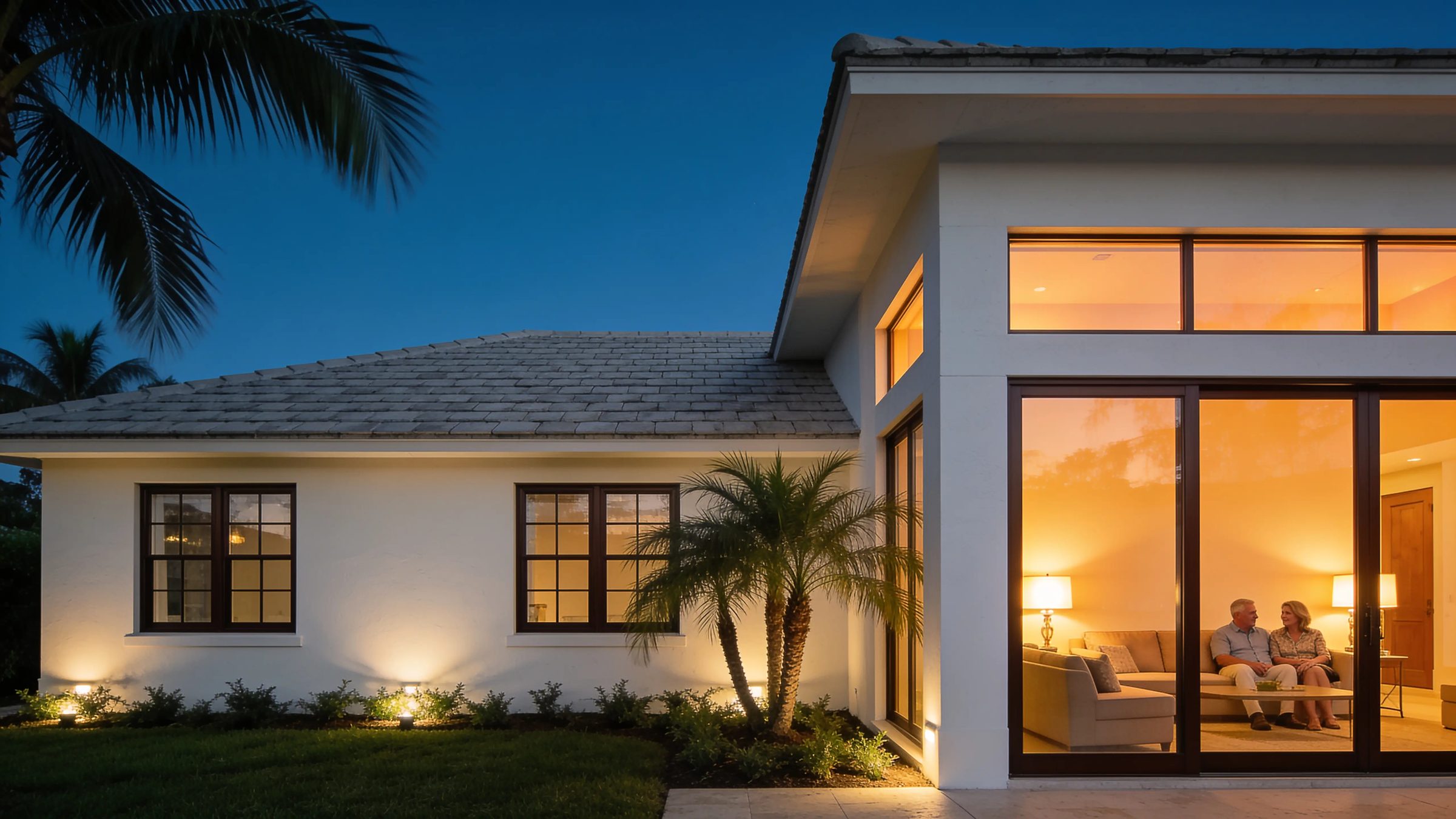 A white stucco Florida home at dusk with a new primary suite addition lit from inside